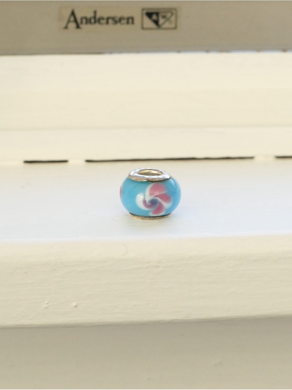Sterling Bead Blue Murano-style Glass Bead Charm with Pink Swirl